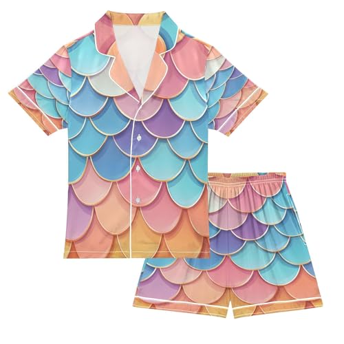 ALAZA Colored Mermaid Scales Yellow Blue Satin Pajamas Set Short Sleeve Button Down Sleepwear Summer Pjs 2 Piece