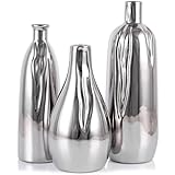Glossy Silver Ceramic Vase Set of 3, Ceramic Vase Set for Decorative, Glossy Silver Single Stem Vases for Centerpieces Nightstand Kitchen, Boho Farmhouse Home Decoration
