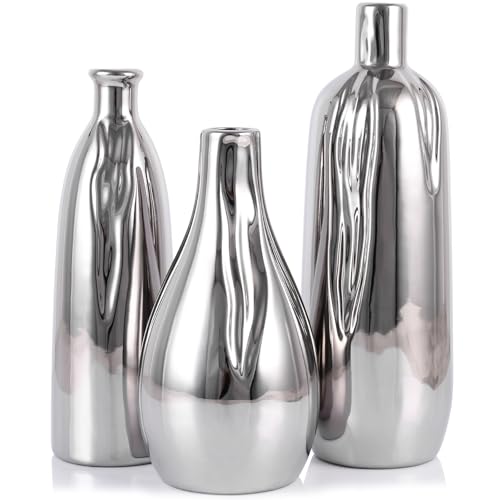Glossy Silver Ceramic Vase Set of 3, Ceramic Vase Set for Decorative, Glossy Silver Single Stem Vases for Centerpieces Nightstand Kitchen, Boho Farmhouse Home Decoration