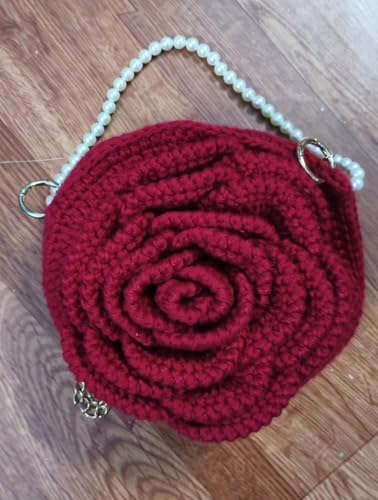 Image of Handmade Crochet 3D Rose Flower Sling Bag, Maroon rose and White pearls handle with Gold shoulder chain, 22 cm Purse for Girls,woman,best for gifting