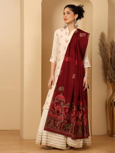 Image of tweedle Women's Ethnic Mahotsav Design Zari Shawl, Faux Wool Stole /Scarf for Ladies, Size - 40 x 80 inches
