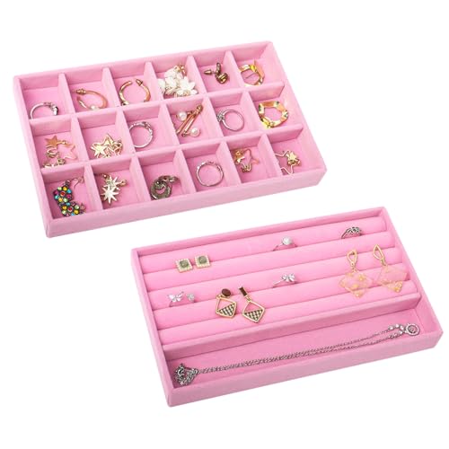 Nwvuop 2 bandejas de terciopelo para joyas, cajón, apilables, organizadores de joyas para pendientes, collares, pulseras, anillos, 21 × 12,3 × 2,5 cm (rosa)