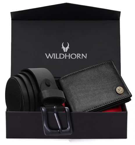 Image of WildHorn Gift Hamper for Men I RFID Protected Leather Wallet & Belt Combo Gift Set I Gift for Friend, Boyfriend,Husband,Father, Son Etc (Black & Black)