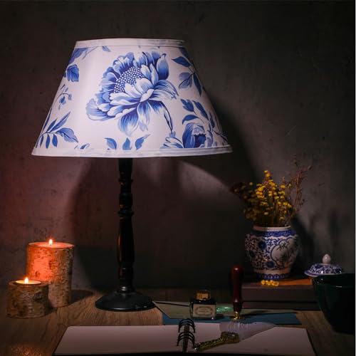 Tujoe Blue And White Medium Lamp Shade Chinoiserie Barrel Fabric Lampshade For Table Lamp And Floor Light 7 X 13 X 7.8 Inch Spider Model Wedding Bedroom Living Room Decoration thumb #1