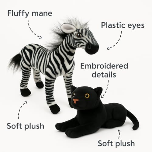 Image of Zebra (30cm) & Black Panther (25cm) Soft Toy Combo - 2 Wild Animal Plush Toys for Kids | Soft & Huggable | Realistic with Fluffy Mane & Embroidered Details | Boys & Girls