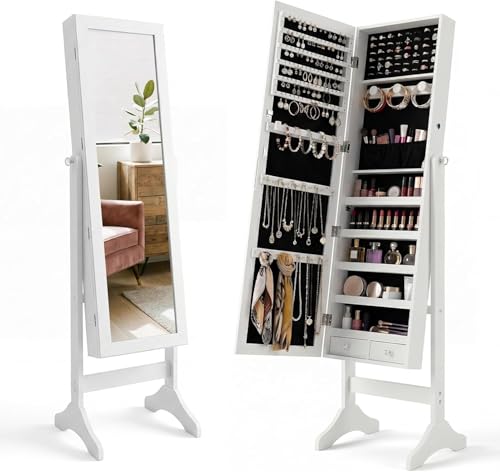 Antok 61" Full Length Mirror Jewelry Cabinet with Lock, Standing Jewelry Organizer, Large Storage for Bedroom for Bedroom&Cloakroom&Dressing Room, Gift for Women, White