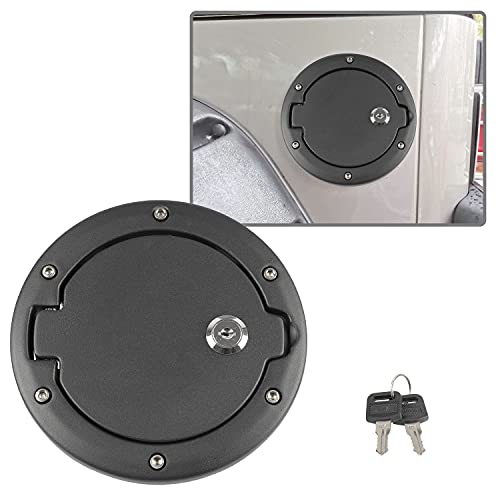 Locking Fuel Filler Door Gas Tank Cap Cover Black Steel Accessories Compatible with Jeep Wrangler 2007-2018 JK Unlimited Rubicon Sahara