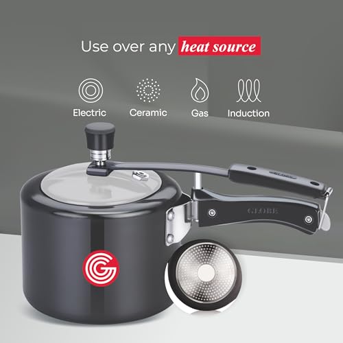Image of Globe Brio 2 Litre Hard Anodised Inner Lid Induction Base Pressure Cooker (Black) BIS Certified And ISI Certified |6 Years Warranty