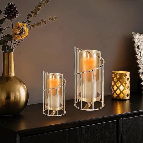 Miniatura 6 de Vasmeiy Portavelas Dorado Para Columna, 2 Piezas Candelabros Decorativos Modernos, Metal Vidrio Pilar Candelabros, Sostiene Velas De Pilar Y Velas De Té, Para Bodas, Estantes, Oficina Dorado
