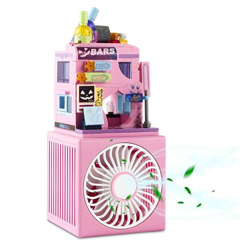 QearFun Small Desk Fan,USB Rechargeable Battery,Cute Building Blocks City Street Fan for...