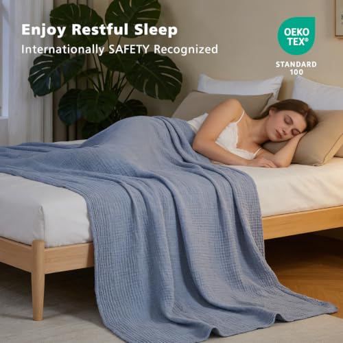 Image of EMME Muslin Cotton Blanket Adults Heather Dusty Blue Queen 90 inchx90 inch