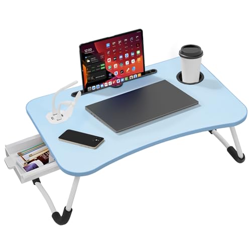 Warmiehomy Laptop Table with USB Ports, Foldable Laptop Bed Table, Laptop Desk with Cup Holder&Side Drawer&Small Fan&Small Lamp, Lap top Bed Tray with Legs for Working/Reading on Sofa, Blue