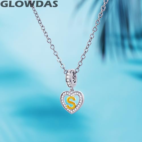 Image of GLOWDAS 18K Gold Plated Letter Charms Initial A to Z Necklace Pendant, 925 Sterling Silver CZ Heart Dangle Alphabet Beads fit European DIY Bracelet, Gifts for Valentiens /Christmas /Family