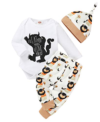 YOUNGER STAR 3Pcs Baby Boy Clothes Wild Monster Cartoon Letter Print Bodysuit Cotton Romper Pants+Hat Outfits Set