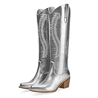 RKQ Women's Metallic Cowboy Boots Sparkle Knee High Cowgirl Boots Embroidered Western Wide Calf Boots with Pull on Tabs Pointed Toe Stacked Chunky Heel for Party Wedding Casual