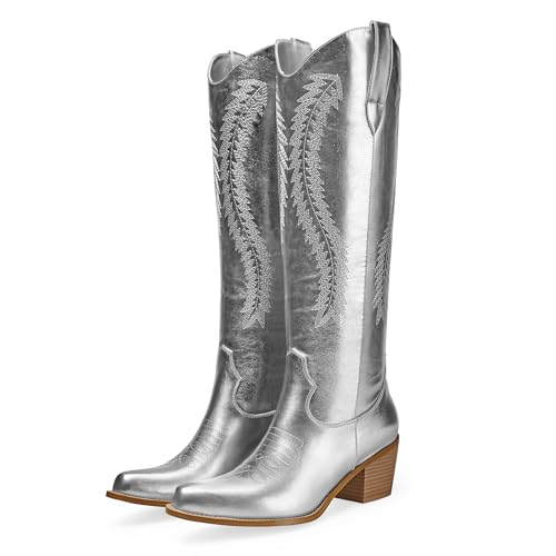RKQ Women's Metallic Cowboy Boots Sparkle Knee High Cowgirl Boots