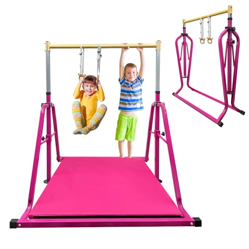 GLANT Foldable&Movable Gymnastics Kip Bar with MAT and Ring Set, 3' to 5' Height Adjustable,Horizontal Bar for Kids Girls Junior,GymEquipment for Indoor and HomeTraining- Max Load 300LBS