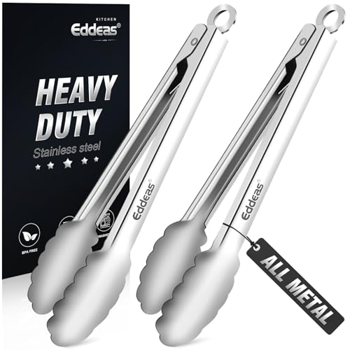 Eddeas 2PCS 9inch Tongs for Cooking - Heat Resistant 600 Degree Kitchen Tongs, Heavy Duty All Metal Food Tongs, Stainless Steel and Non-Slip handle, Salad, Grilling, Barbecue, Dishwasher safe