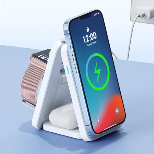 3 in 1 Wireless Charging Station Fits for Magsafe Charger Stand, KIXUNY Charging Station for Apple Multiple Devices, Foldable Wireless Charger for iPhone15-12/AirPods/Apple Watch(Adapter Included)