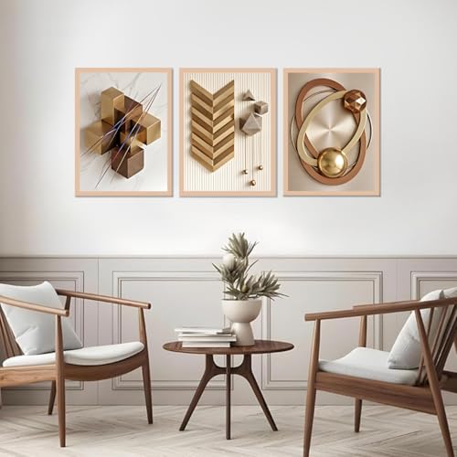 Image of ARAkri Geometric Abstract Wall Art Set of 3, Framed Poster Prints, Gold and Copper Tones, Modern Abstract, Ready to Hang, Living Room Decor (Art 3, 10x 13 inch)