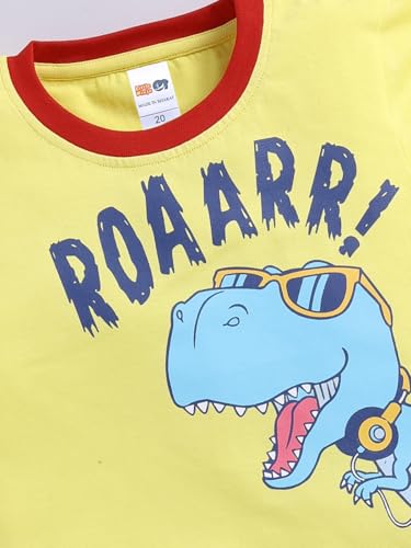 Image of LITTLE NINJA Pure Cotton Knee Length Half Sleeve Roaring Dinasour Printed Tee & Shorts Set - Yellow 0-6M