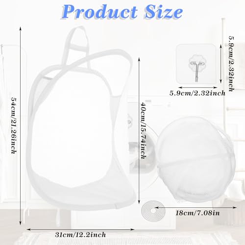 Ouligay 2 Stück Hängender Wäschekorb Groß Hängender Wäschesack mit 2 Haken, Weiß Faltbarer Laundry Basket, Faltbar Zusammenklappbar Mesh Wäschekorb mit Griffen für Schlafzimmer, Badezimmer(54x31cm)