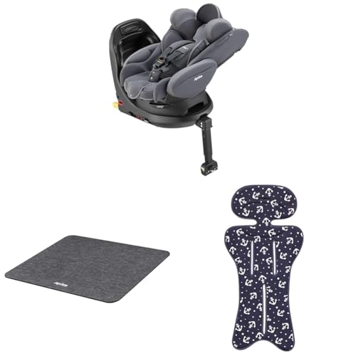 Aprica(アップリカ) チャイルドシート ISOFIX固定 フラディアプラスライト 回転式 R129適合 (ライトグレー) + シート保護マット 純正 (ヘザードブラック) + さっと洗える さらっとマット (マリンアンカー NV) 【セット買い】