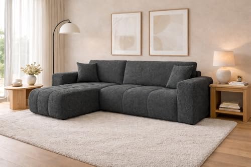 Tendencio Canapé d'angle Convertible TALIO en Tissu Bouclette avec Coffre de Rangement (Gris foncé)