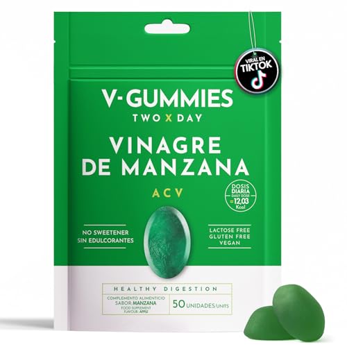 V Gummies - Gominolas de Vinagre de Manzana para Salud Digestiva - Apple Cider Vinegar Gummies - Sabor Natural a Manzana con Vitamina C y Pectina - 50 Unidades