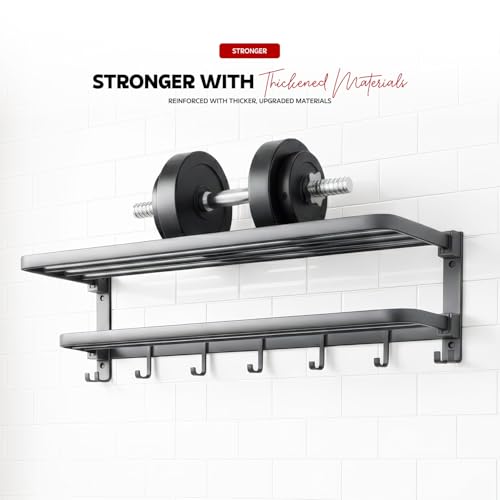 Image of Amazon Basics Foldable 24 Inch Towel Rack for Bathroom - Wall Mounted Space-Saving Aluminum Towel Holder with Double Tier Shelf, Rod & Hooks - Rustproof Bathroom Accessories