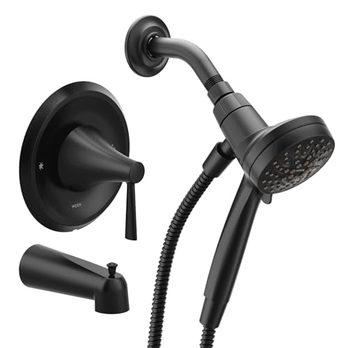 Moen Ronan Matte Black Single-Handle Modern Tub and Shower Faucet with Round Handheld Rain Shower Spray Head Featuring Magnetix, Valve Included, 82021BL