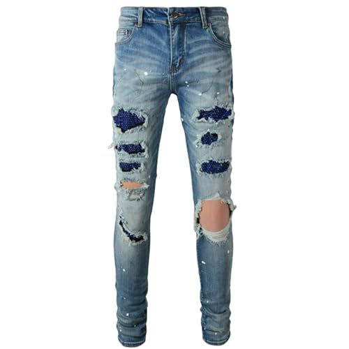 Jeans Pants Trousers Denim Men Stretch Slim Fit Street Trendy Piercing Worn Hole Hairy Retro Set Zircon Shining Casual Small Leg(Blue,29)