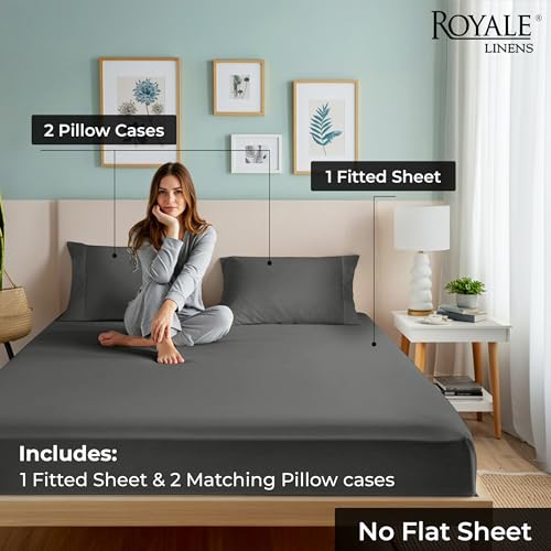 Image of ROYALE LINENS Fitted Sheet with Pillowcases - Queen Fitted Sheets with 2 Pillowcases - 300 Thread Count 100% Organic Cotton - Fits Mattress Up to 18 inch Deep - Soft & Breathable - Grey (No Flat Sheet)