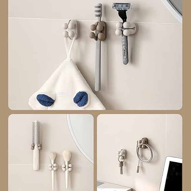 2-Pack Silicone Toothbrush Holders with Multi-Purpose Self-Adhesive Hooks - for Keys, Clothes, Towels, Cables - Kitchen, Bathroom, Vanity, Home Office - Grey & White