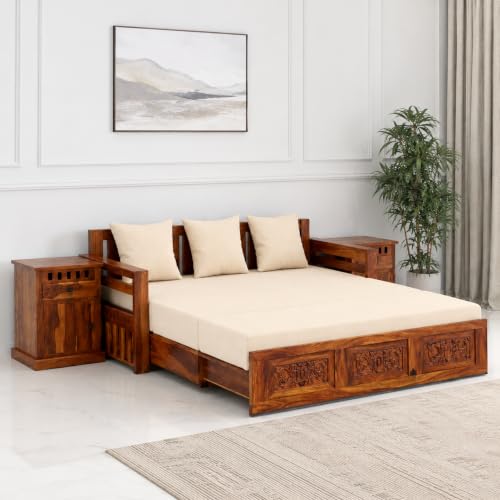 Image of SONA ART & CRAFTS Maharaja Sheesham Wood 3 Seater Sofa Cum Bed with Bedside | Wooden 3 Seater Sofa for Living Room Wooden Furniture Sofa Bed for Home (Natural Finish)