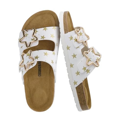 Image of CUSHIONAIRE Lily Girl Toddler Sandals with Adjustable Gold Tone Star Buckles and Cushioned Cork Footbed Slip On Girls Slides for Kids