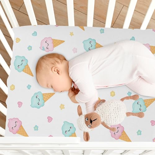 Image of Cone Ice Cream Hearts White Fitted Crib Sheet for Boys Girls Baby Toddler Bed Sheets for Toddler Bed Mattress,39 x 27 in
