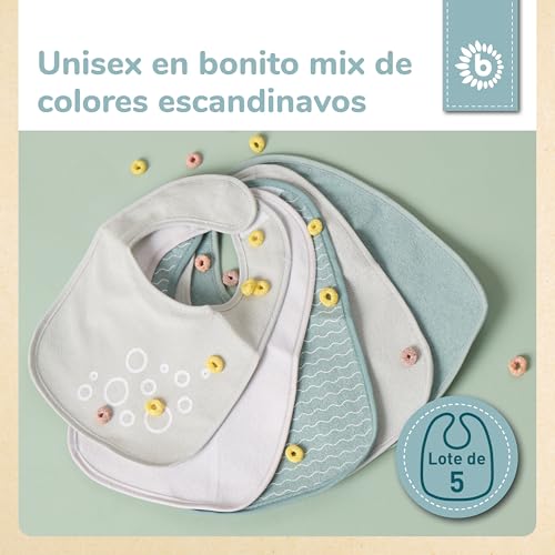 Miniatura 6 de Bieco Baberos Blancos Impermeables De Algodon Para Bebe 5x Baberos Rizo Pechitos Velcro Para Recien Nacido 0 Meses
