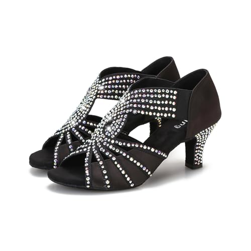 YYTing Rhinestones Ballroom Dance Shoes Women Latin Salsa Practice Wedding Indoor Crystal Shoes 2.5in Heels YT06(7.5,Black)