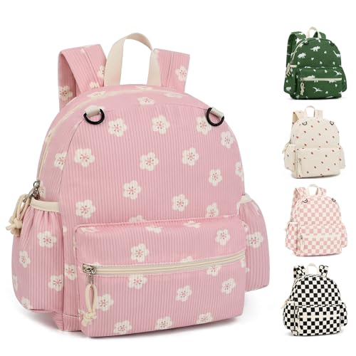 Image of Corduroy Toddler Backpack for Boys & Girls, Kids Backpacks | Small Kids Bookbag for School, 2-4 Preschool Kindergarten Backpack, Toddler Daycare Backpack - Flower-Pink