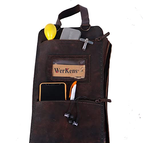 WerKens Hand Made Leather Drumstick Bag Hand Stiched Percussion Drum Stick Bag Holder Mallet Bag Adjustable Floor Tom Hooks,Carrying Strap, Ample Space for Accessories - Brown"The Diya" - Thumbnail 7