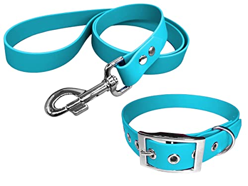 L'Atelier du Fourmilier Dog Collar and Leash in BioThane material, Medium Width (40-45 cm, Light Blue), 40-45cm