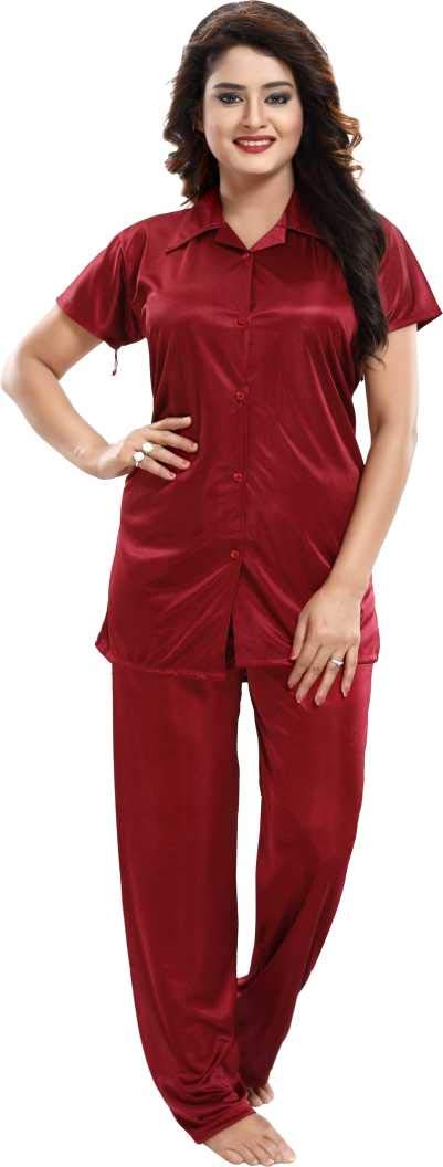 Plain Satin Night Suit (Shirt and Pyjama)-image-17