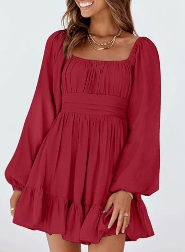 Image of Dokotoo Womens Dress Long Lantern Sleeve Square Neck Tie Backless Sexy Dress Ruffle Elastic Waist A-Line Mini Dress