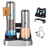 CIRCLE JOY 充電式ペッパーミル 電動 ステンレス製ペッパーミル 研削速度可変 厚さを外部で調整する 95ml容器 2-in-1充電ベース 白色LEDライト 2本セット シルバー