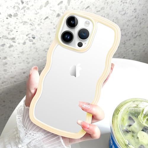 Image of MIDOS Back Cover Compatible with iPhone 14 Pro Max, Cute Curly Wave Frame Clear Case for Girls Women, Transparent Soft Silicone TPU Bumper Shockproof Protective Cover for iPhone 14 Pro Max (Yellow)