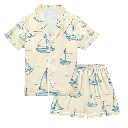 senya Sailboat and The Art Of Lines Satin Summer Pajama Sets Silk Short Sleeve Button Down Sleepwear