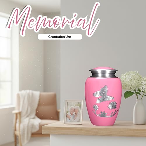 Image of ALPHA Living HOME Cremation Urns for Human Ashes Adult, Handcrafted Aluminum Memorial Urn, Butterfly Engraving, Velvet Carry Bag, Secure Screw Lid Funeral Burial Urn for Adult Male Female, Pink Silver