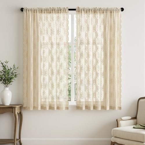 Image of MIULEE Vintage Floral Scalloped Lace Curtains 2 Panels, Cream 52 inch W x 63 inch L