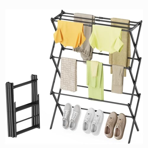 BAOYOUNI 物干しスタンド 折りたたみ コンパクト 伸縮できる 室内物干し 洗濯物干し 部屋干し タオル干し 浴室干し 軽量 洗濯 シンプル スタンド 室内 屋外 物干し台 スリム 洗濯干し 折りたたみ洗濯物干し 工具不要 (NEW BLACK)